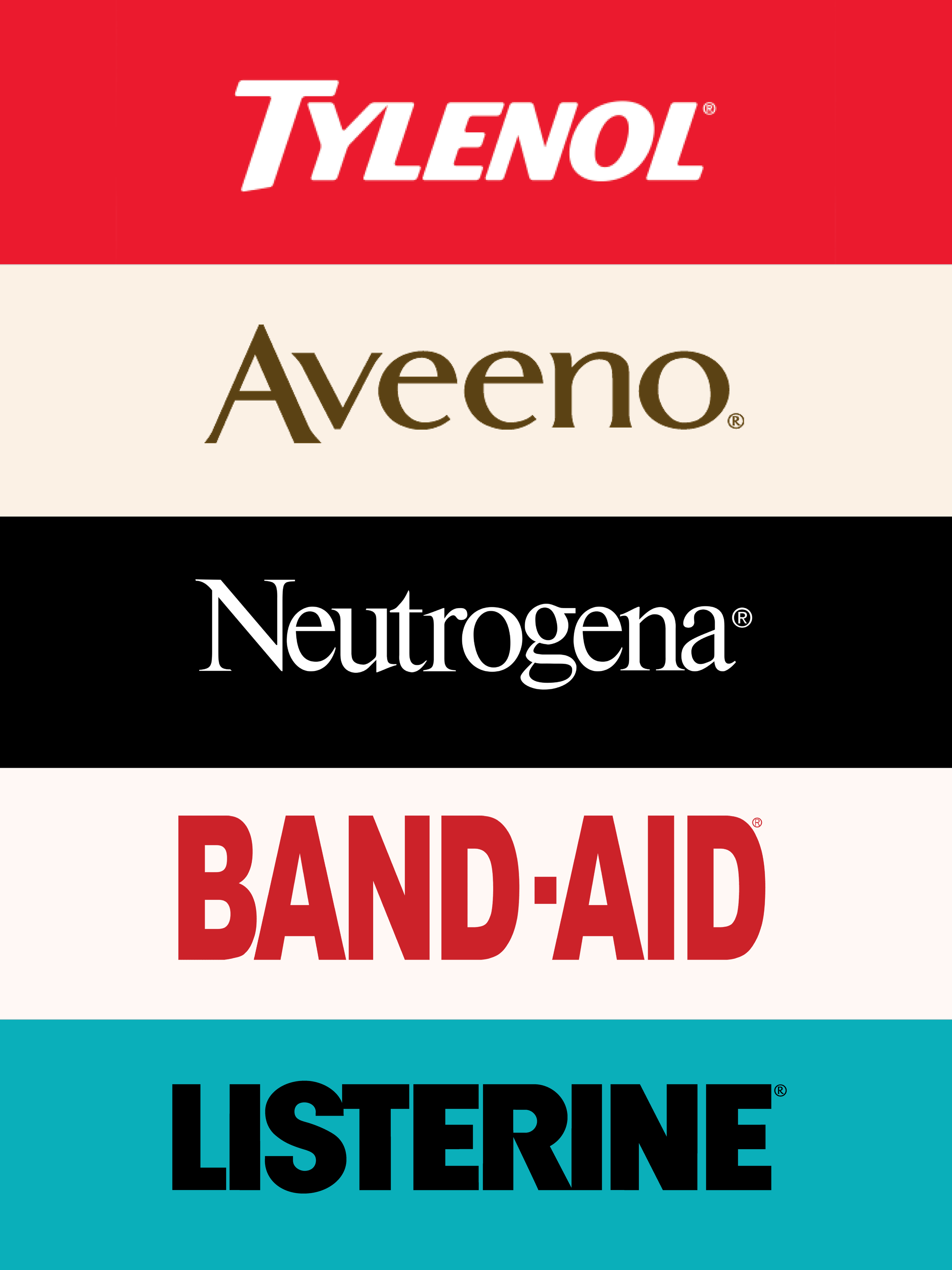 Brand logos for Tylenol, Aveeno, Neutrogena, Band-Aid, and Listerine.
