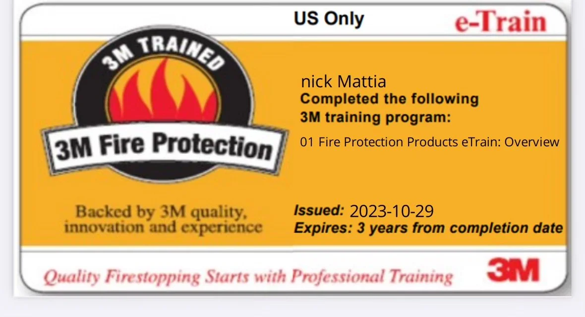 A certificate or badge for completing a 3M fire protection training program, issued to Nick Mattia, issued on October 29, 2023, valid for three years, with a logo featuring flames and the 3M brand.