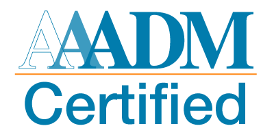 A logo with the text 'AADM Certified' in blue and black lettering.