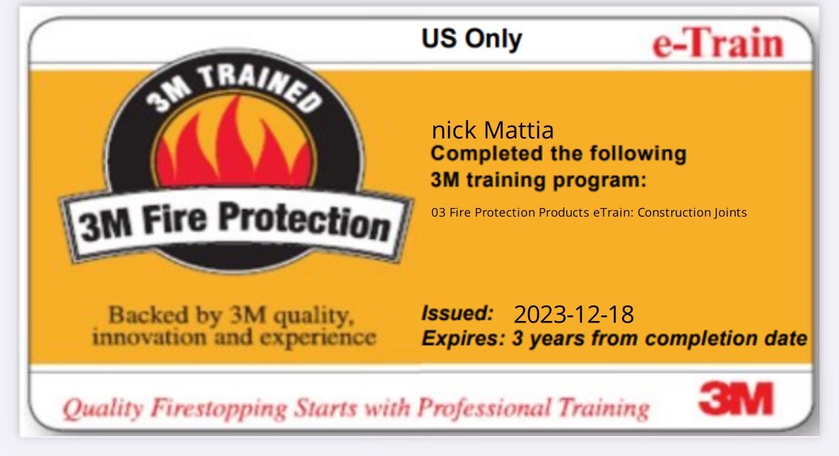 A certificate of completion for a 3M Fire Protection training program issued to Nick Mattia, dated December 18, 2023, with a yellow background, 3M logo, and fire flame graphic.