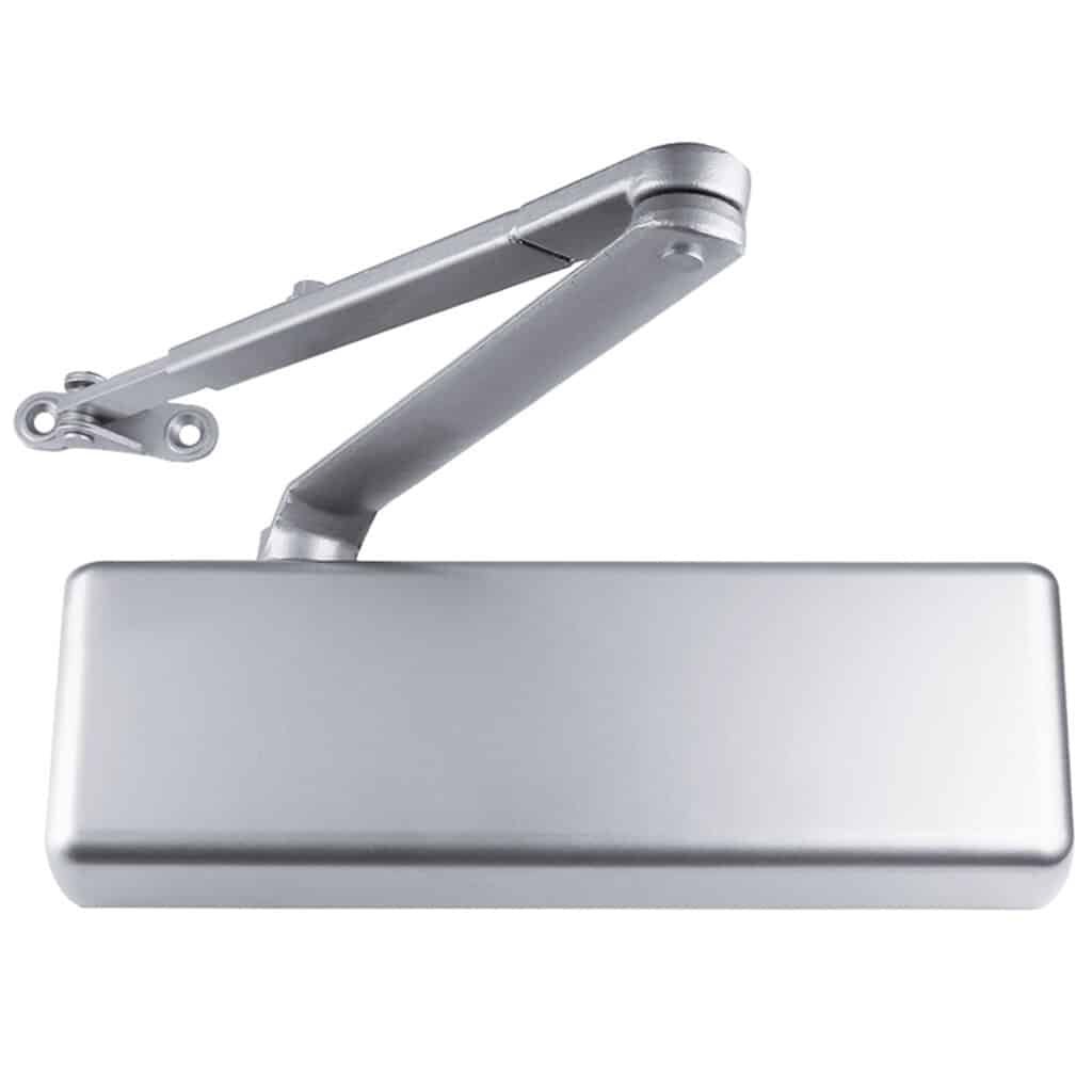 A silver hydraulic door closer with an adjustable arm.