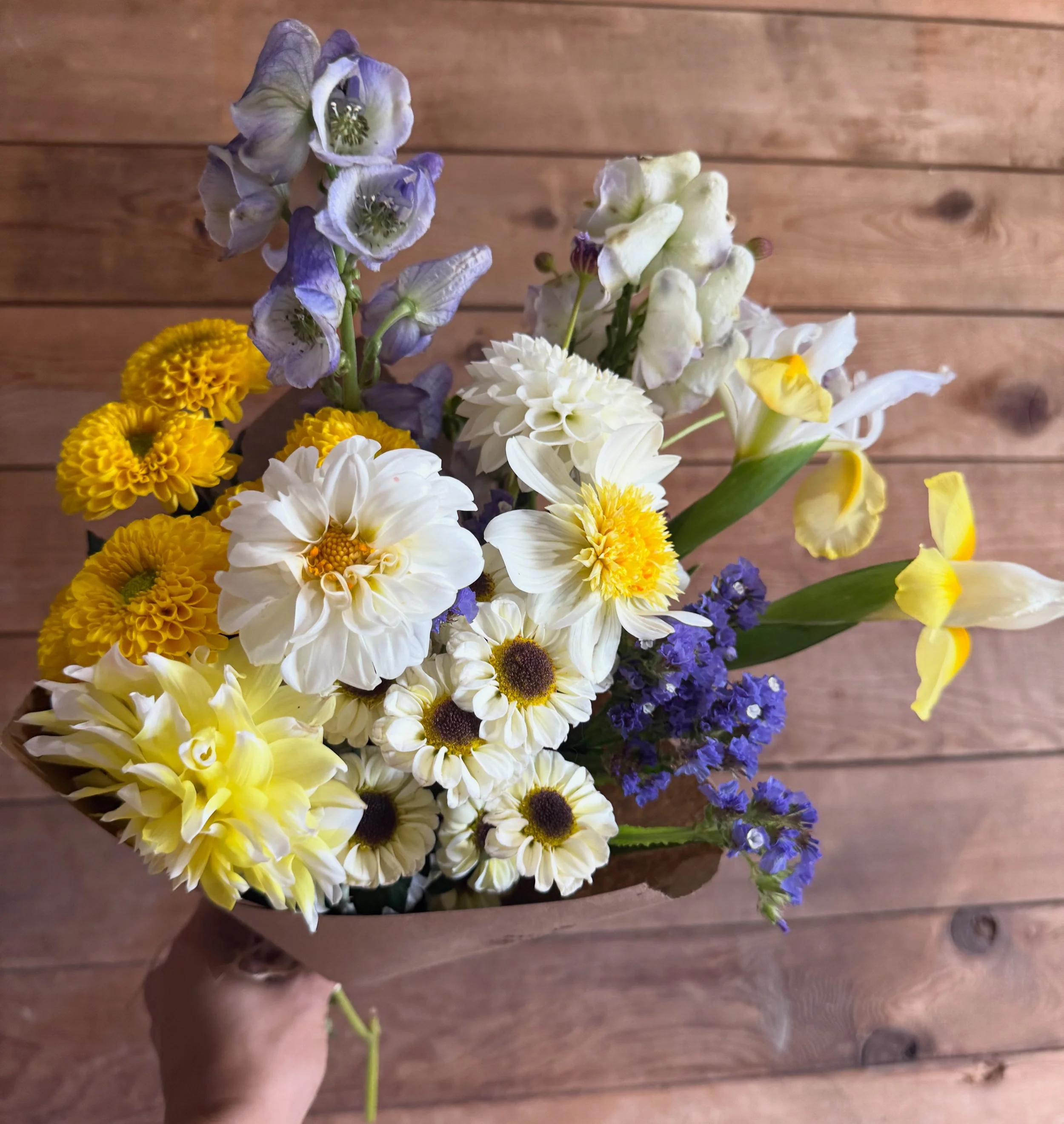 Hand holding a bouquet of mixed flowers including white, yellow, purple, and blue blossoms on wooden floor background.