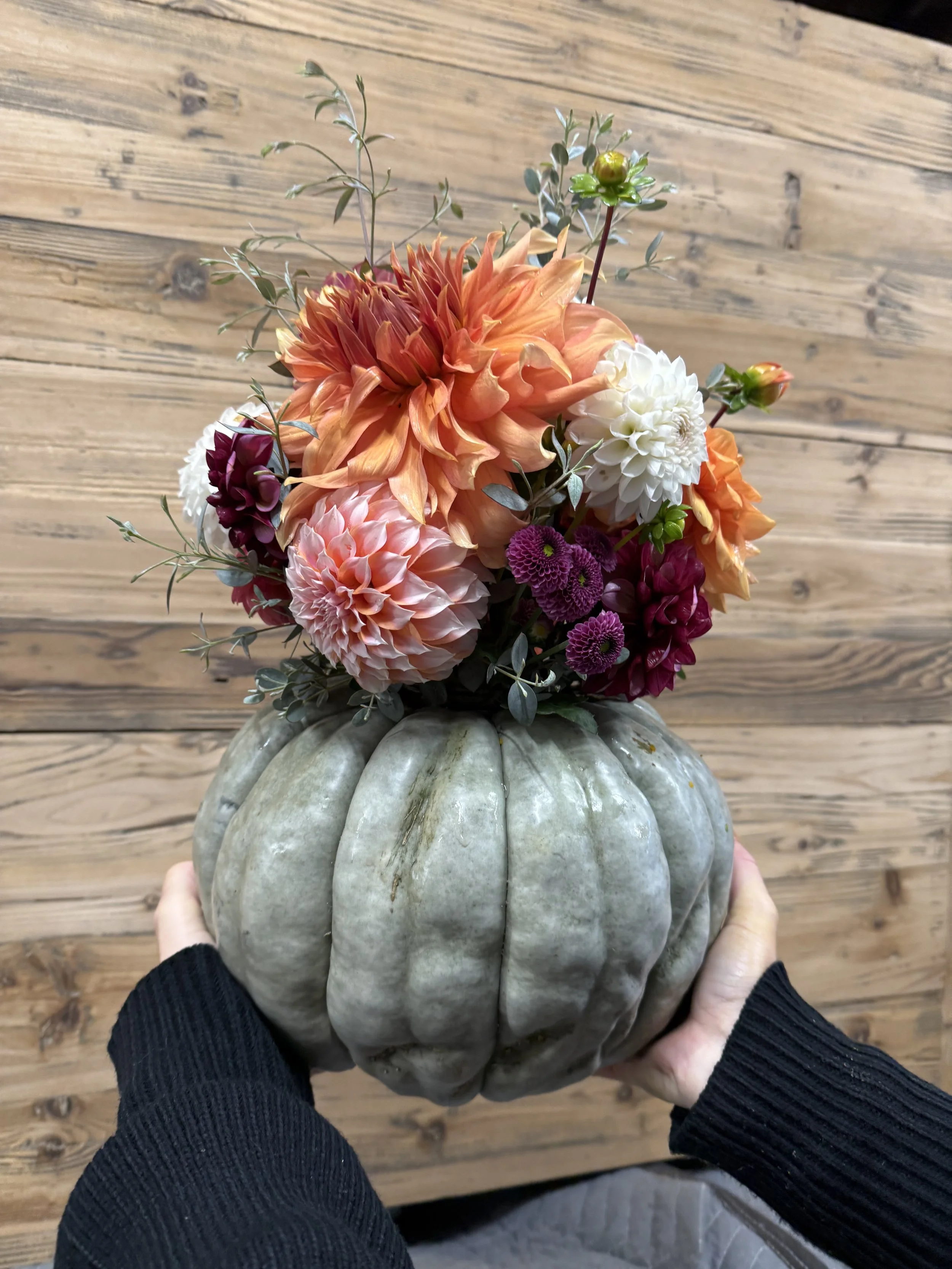 A person in a black sweater is holding a large, decorative gray pumpkin filled with a colorful bouquet of flowers, including orange dahlias, white dahlias, purple chrysanthemums, and greenery, against a wooden background.