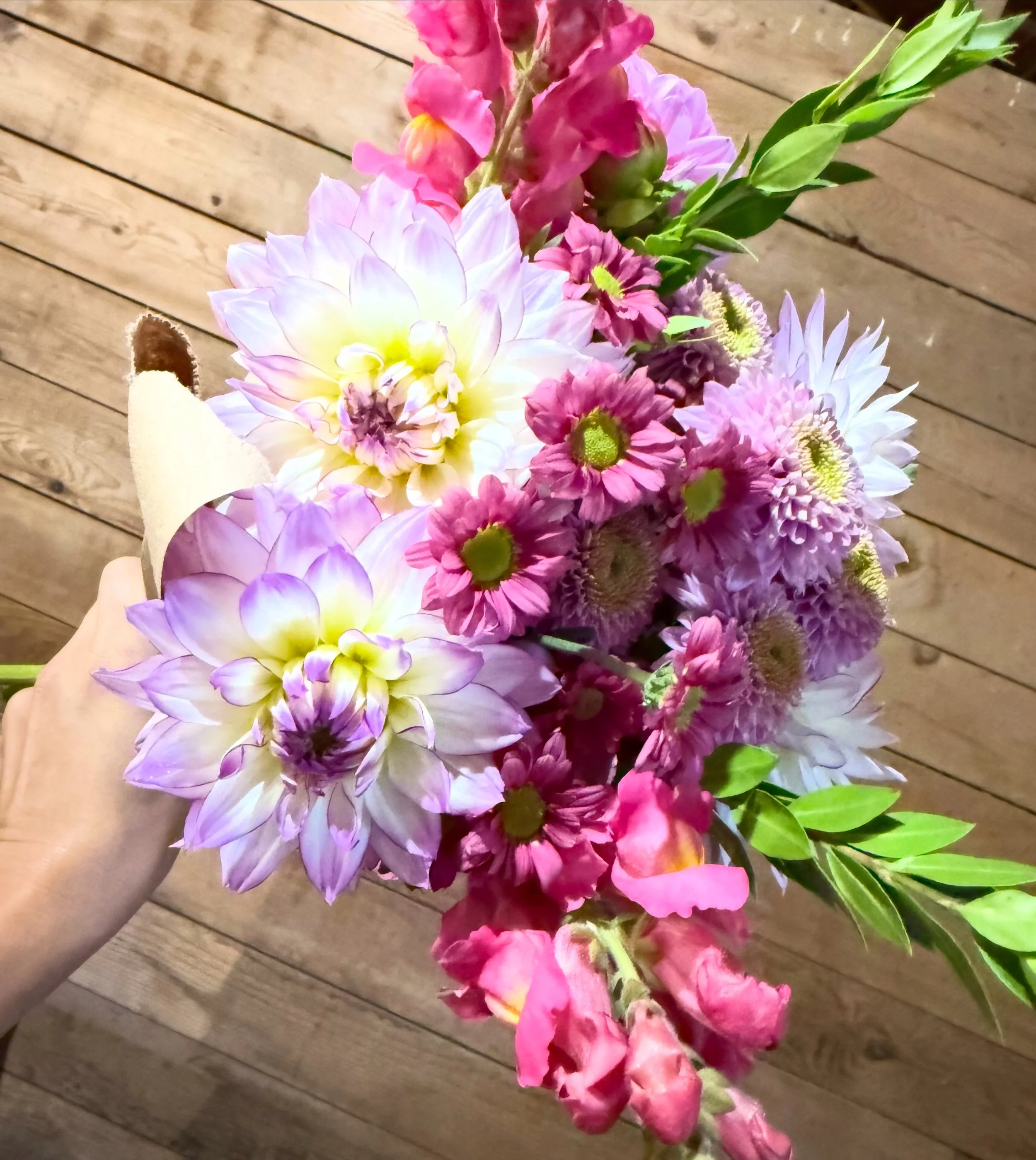 Hand holding a bouquet of pink, purple, and white flowers against a wooden floor background.