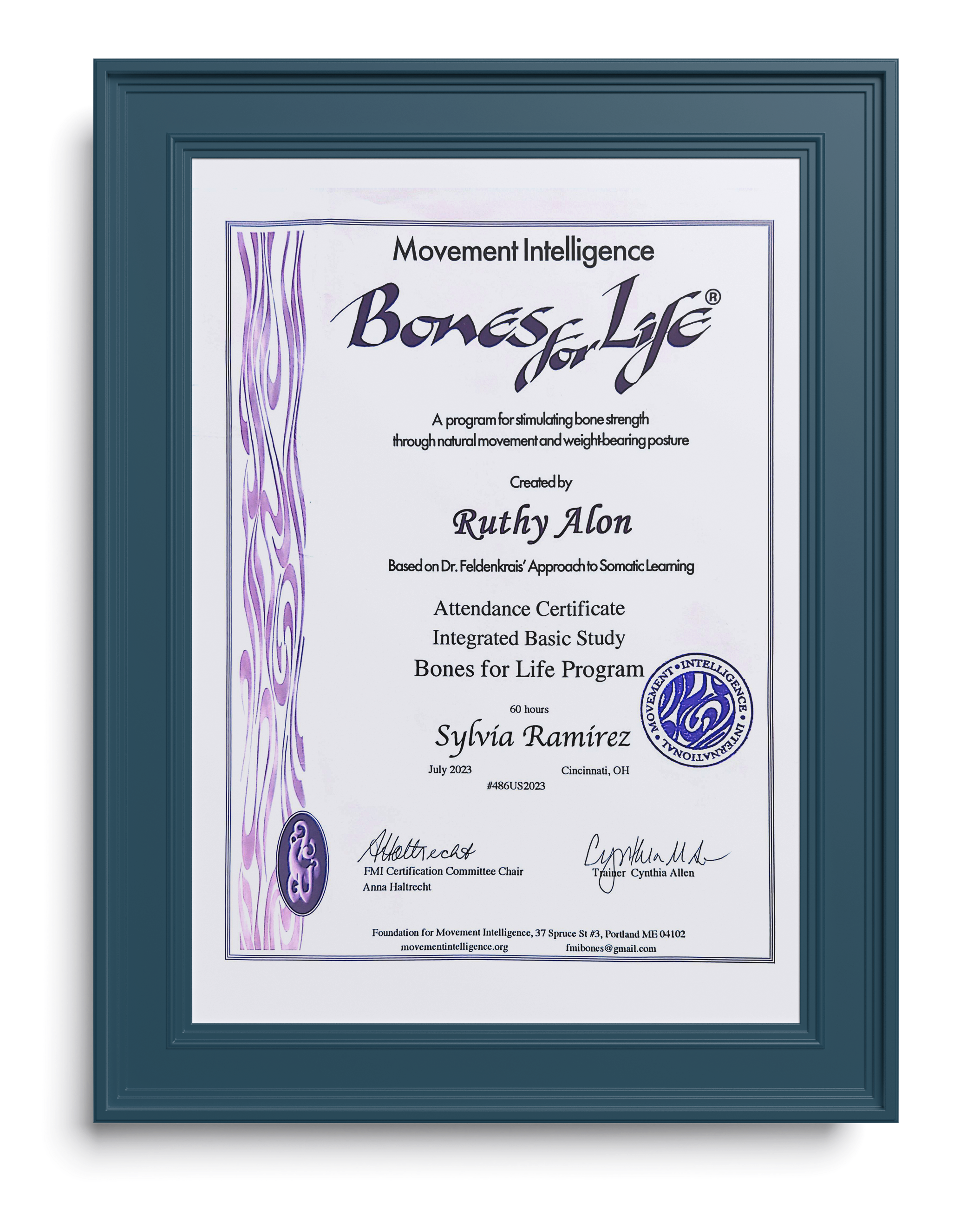 Framed certificate for Bones for Life Program awarded to Sylvia Ramirez in July 2023.