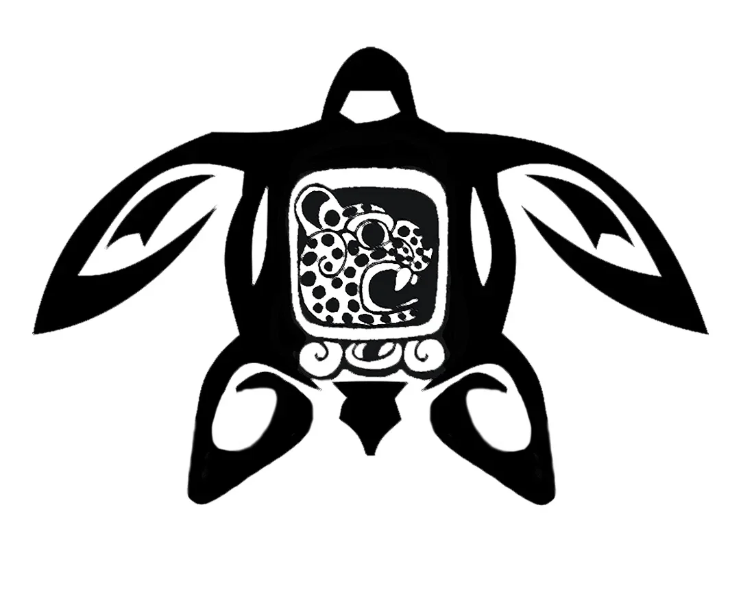 Black and white stylized illustration of a turtle with tribal patterns, featuring a central face or animal design on its shell.