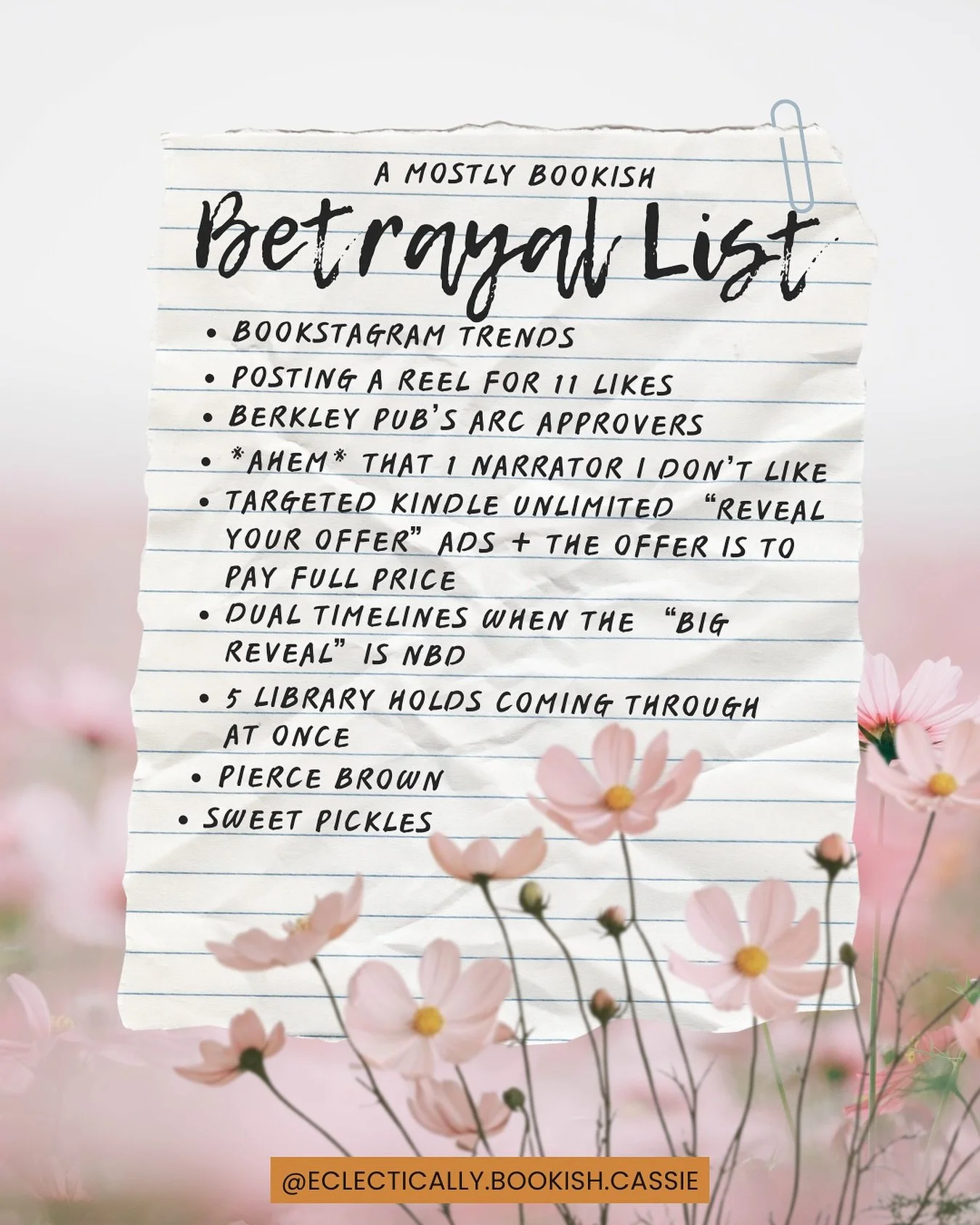 As always with trends&hellip; am I doing this right? 🤪 Here is my mostly bookish betrayal list.

📝 NOTES: 

The KU ads in my feed need to stop. If I want KU, I&rsquo;ll pay for it; don&rsquo;t tease me with unavailable discounts. 🤣

How refreshing