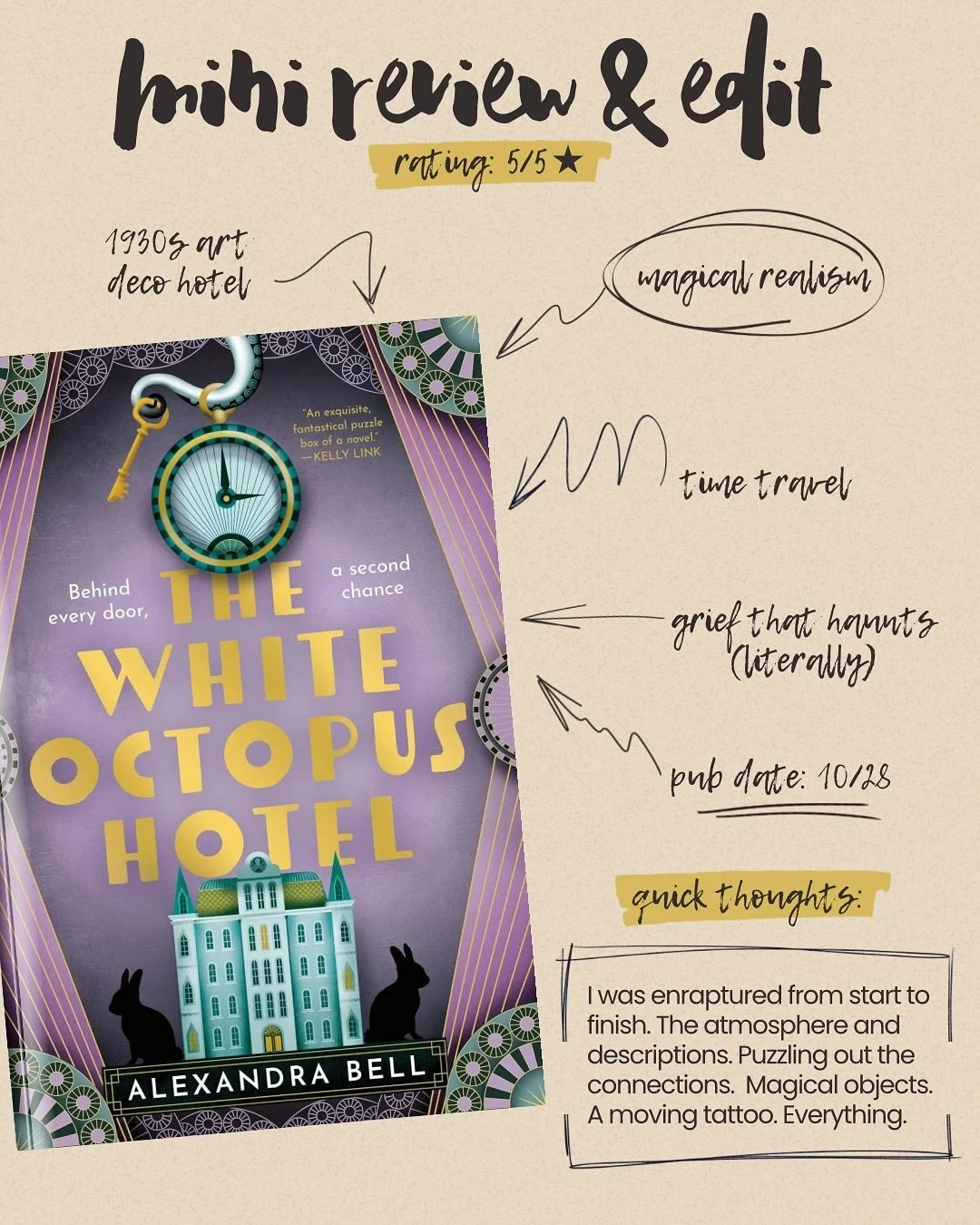 Thank you for @netgalley and @delreybooks for the digital review copy of The White Octopus Hotel by @alex_bell86. This was an easy 5-stars. I loved it. Give me magical realism. Give me grief. Give me a love story. 

I have a feeling it will make my t