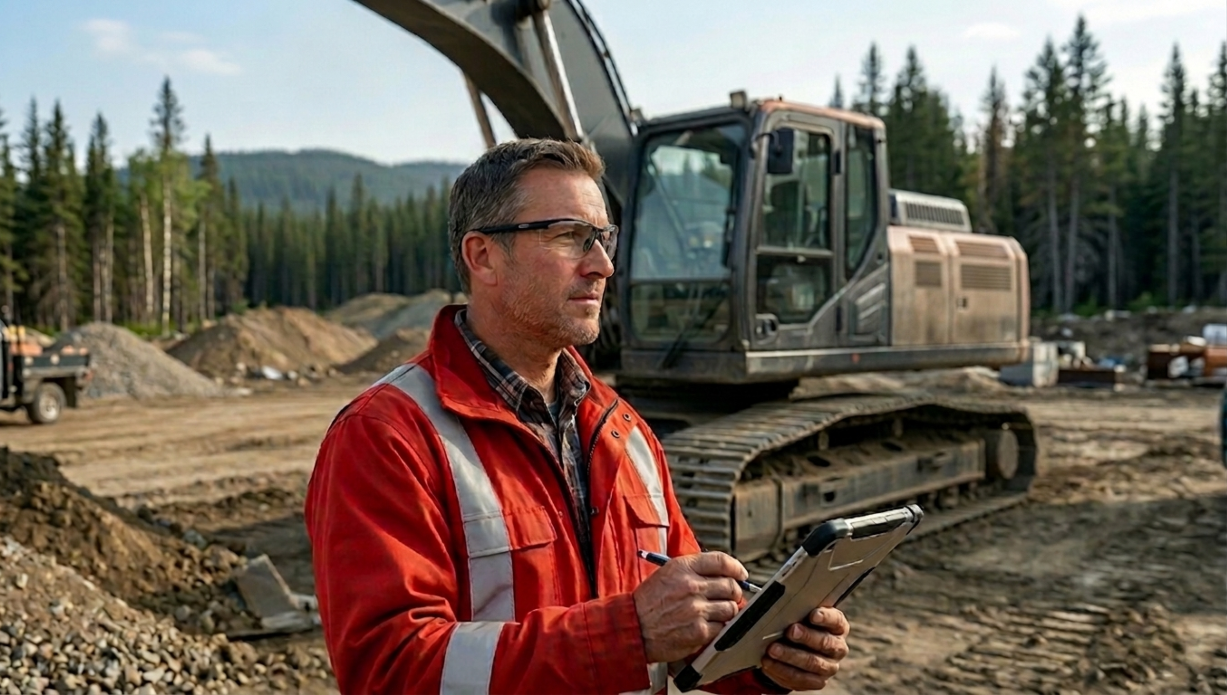 A man in safety gear holding a tablet at a construction site with an excavator and trees in the background.