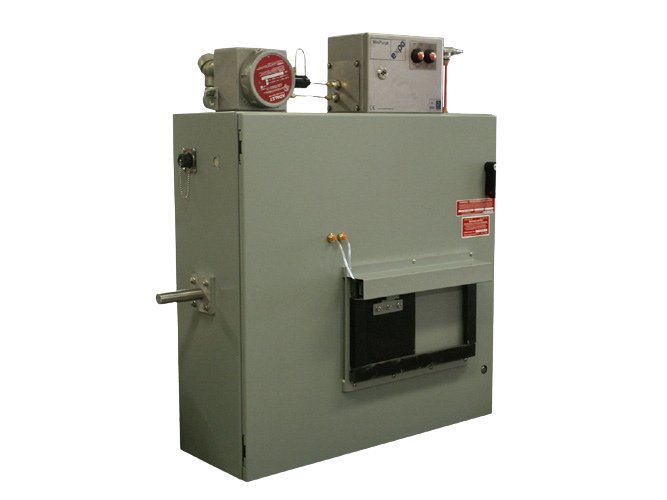 Industrial machine with control panel and a red gauge.