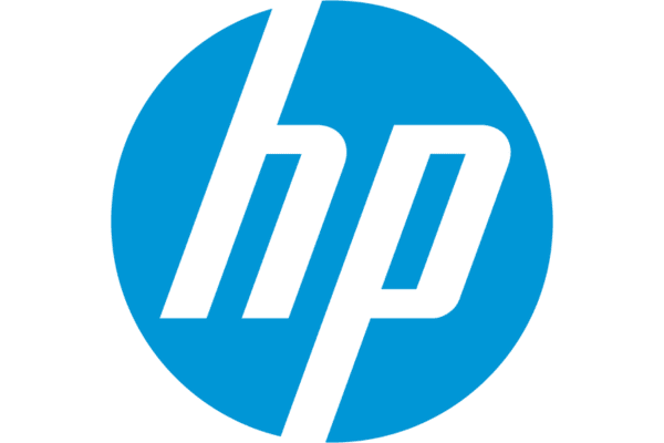 HP logo with blue circle background and black text