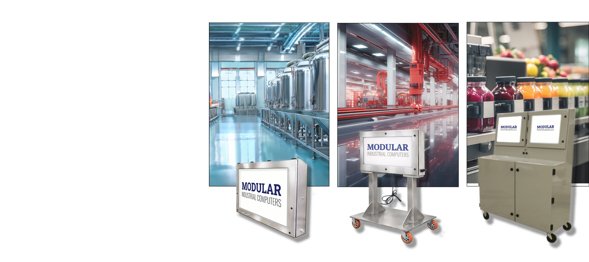 Modular industrial HIM's and computer enclosures shown in front of pharmaceutical facility, automotive plant, and beverage factory labeling line.