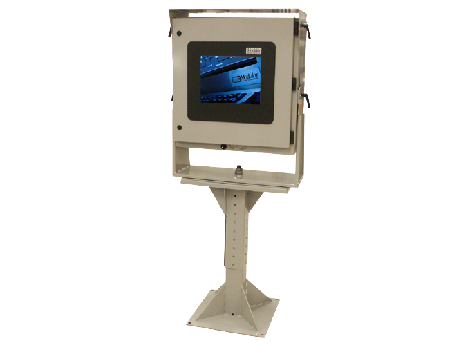 A standalone HMI on a fixed floor pedestal.