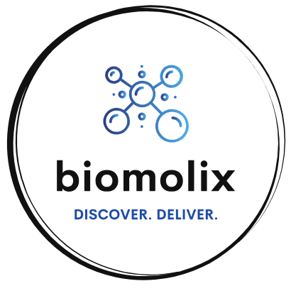 Biomolix logo with a stylized molecule graphic and the text 'biomolix' and 'DISCOVER. DELIVER.'