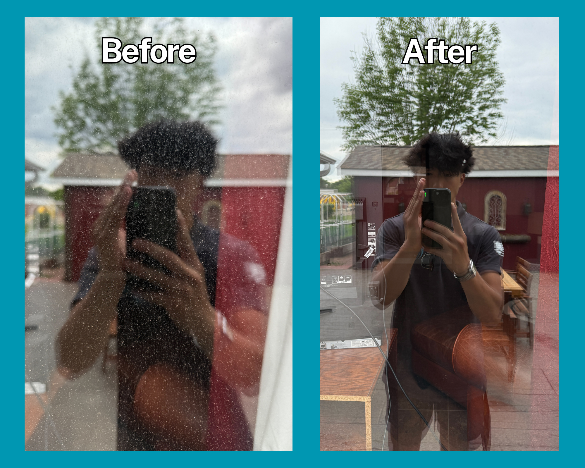 Side-by-side comparison of a dirty window before and after cleaning, with a person taking a mirror selfie in both images. The 'Before' shows a foggy, dirty window, while the 'After' shows a clear, clean window with the person visible through it.