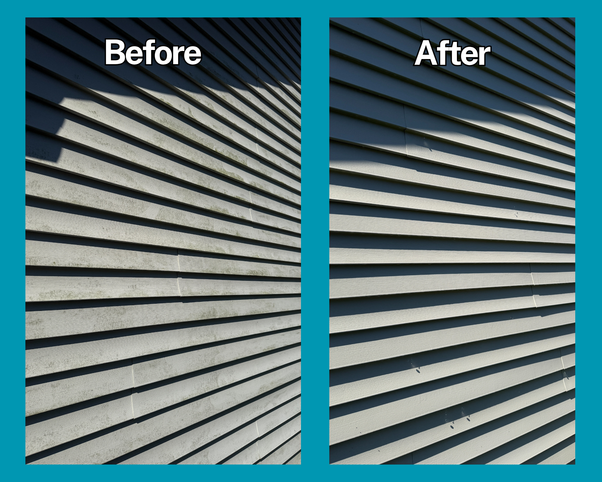Comparison of a house siding before and after cleaning: the "Before" side shows dirty, stained, and weathered siding, while the "After" side shows clean, bright, and restored siding.