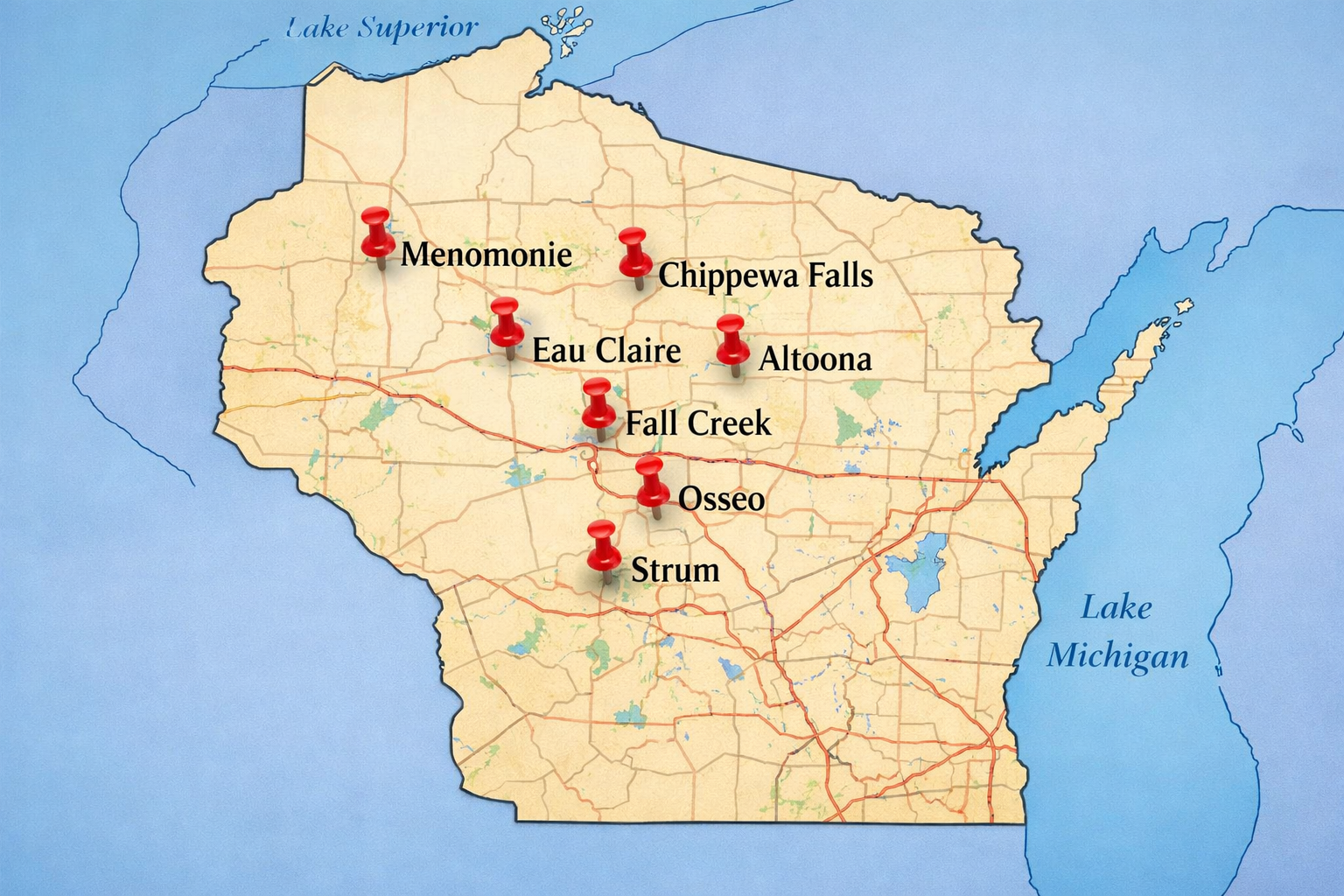 Map of Wisconsin showing where Tads Exterior Spa services: Menomonie, Chippewa Falls, Eau Claire, Altoona, Fall Creek, Osseo, and Strum.