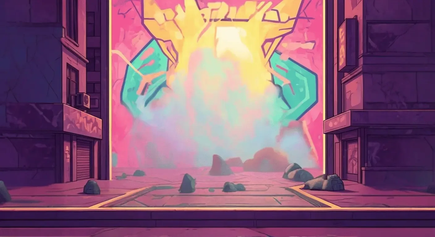 An animated scene of a city street with buildings on either side. In the background, an explosion or burst of colorful energy with pink, yellow, blue, and green hues is emanating from a structure or object, creating a large shockwave and explosion-like effect.