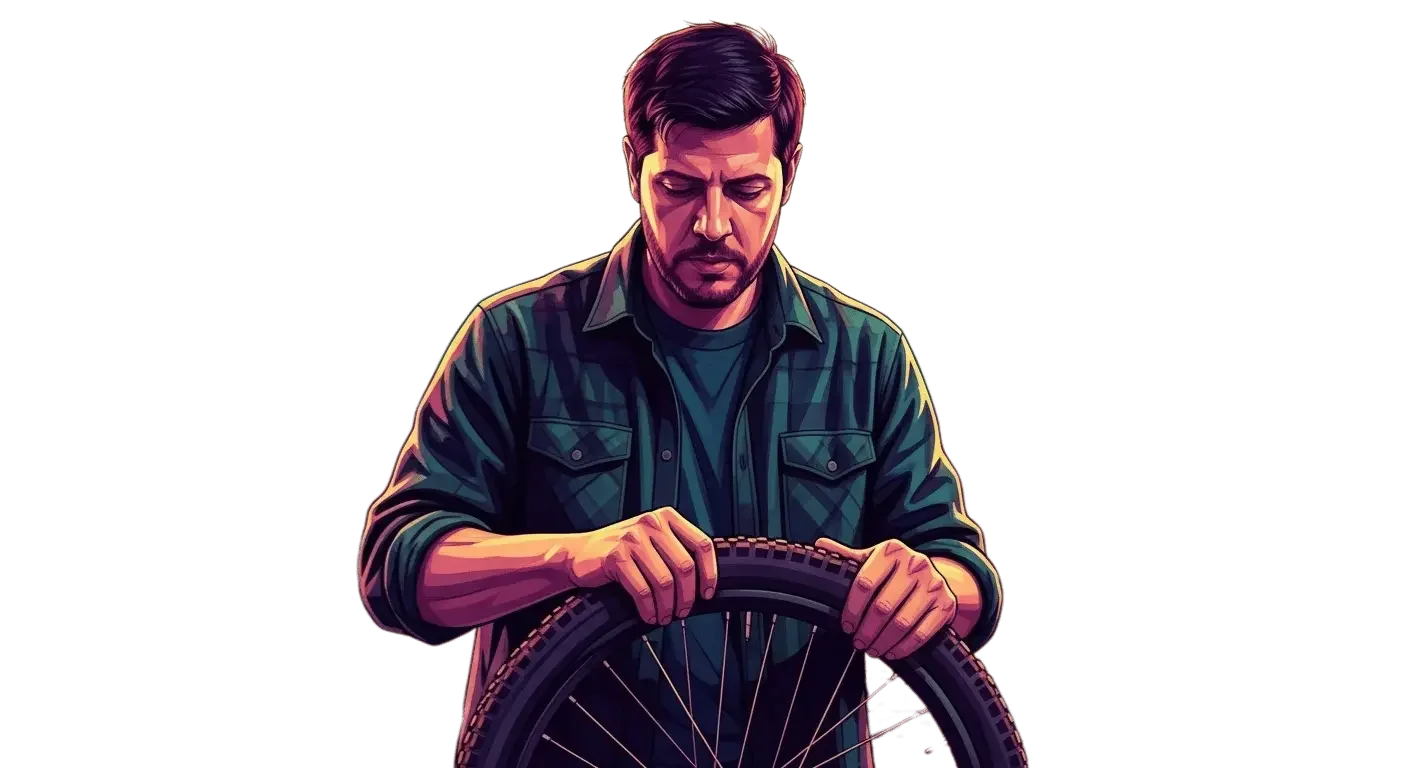 Digital illustration of a man with dark hair and beard wearing a black and green plaid shirt, looking down and working on a bicycle tire.