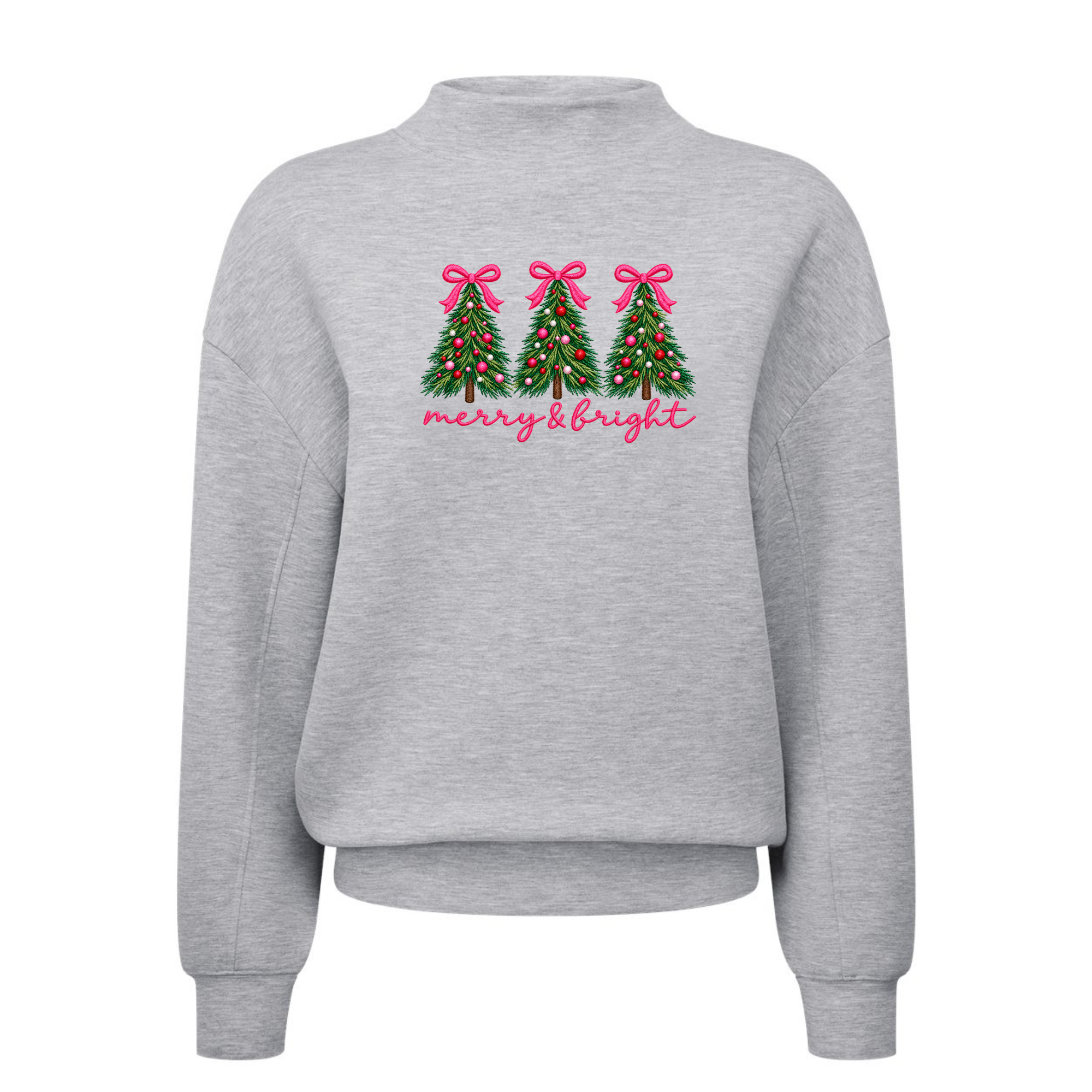 Luxe Womens Mock Neck Embroidered Merry & Bright Trees