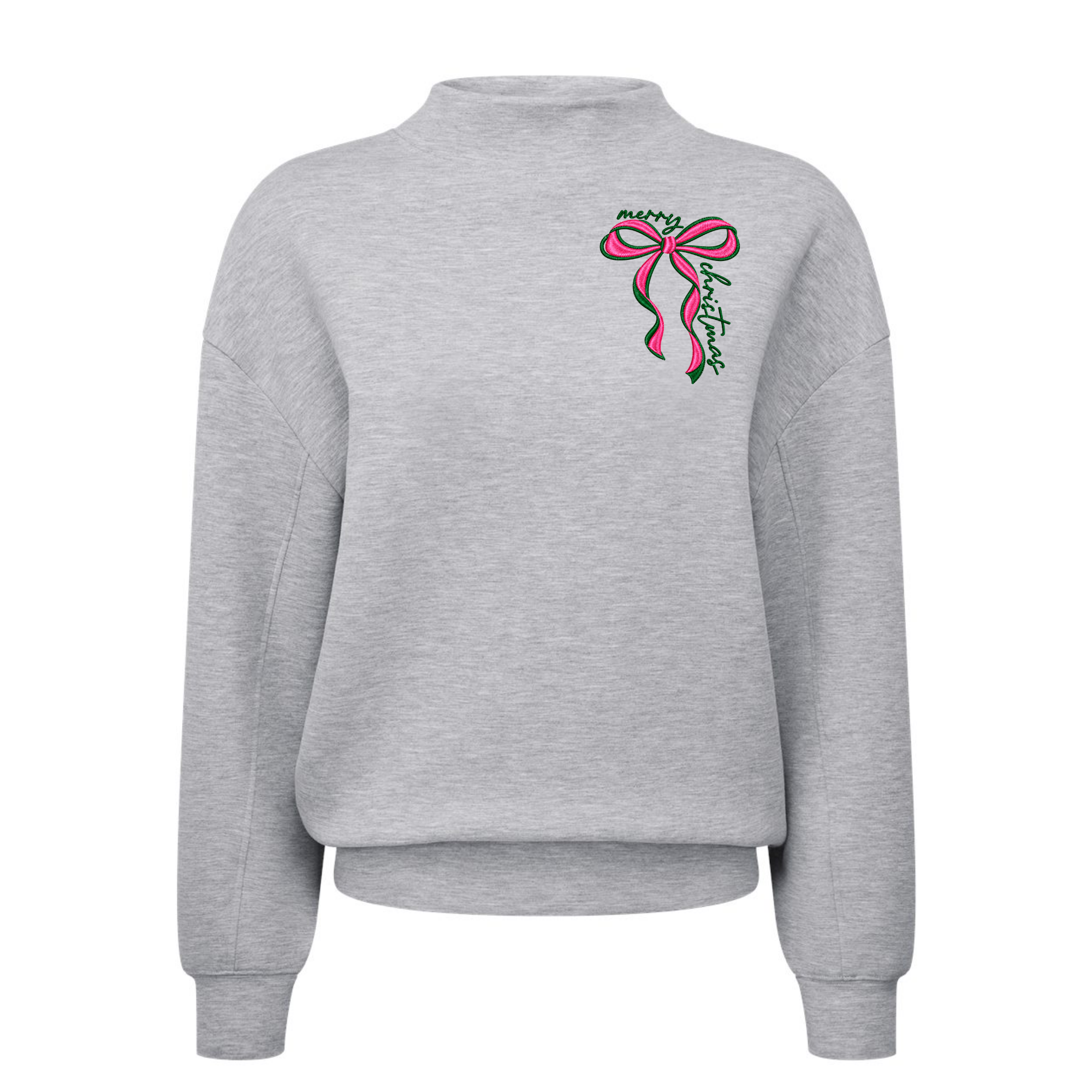 Luxe Womens Mock neck Embroidered Merry Christmas bow