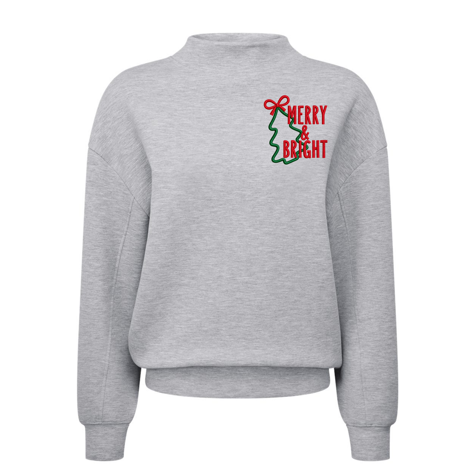 Luxe Womens Mock Neck Embroidered Merry & Bright