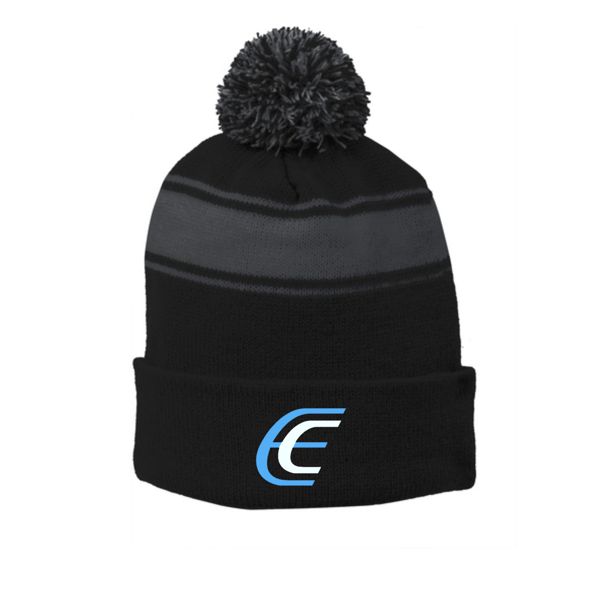 Sport Tek Pom Beanie Embroidered - Black & Grey striped
