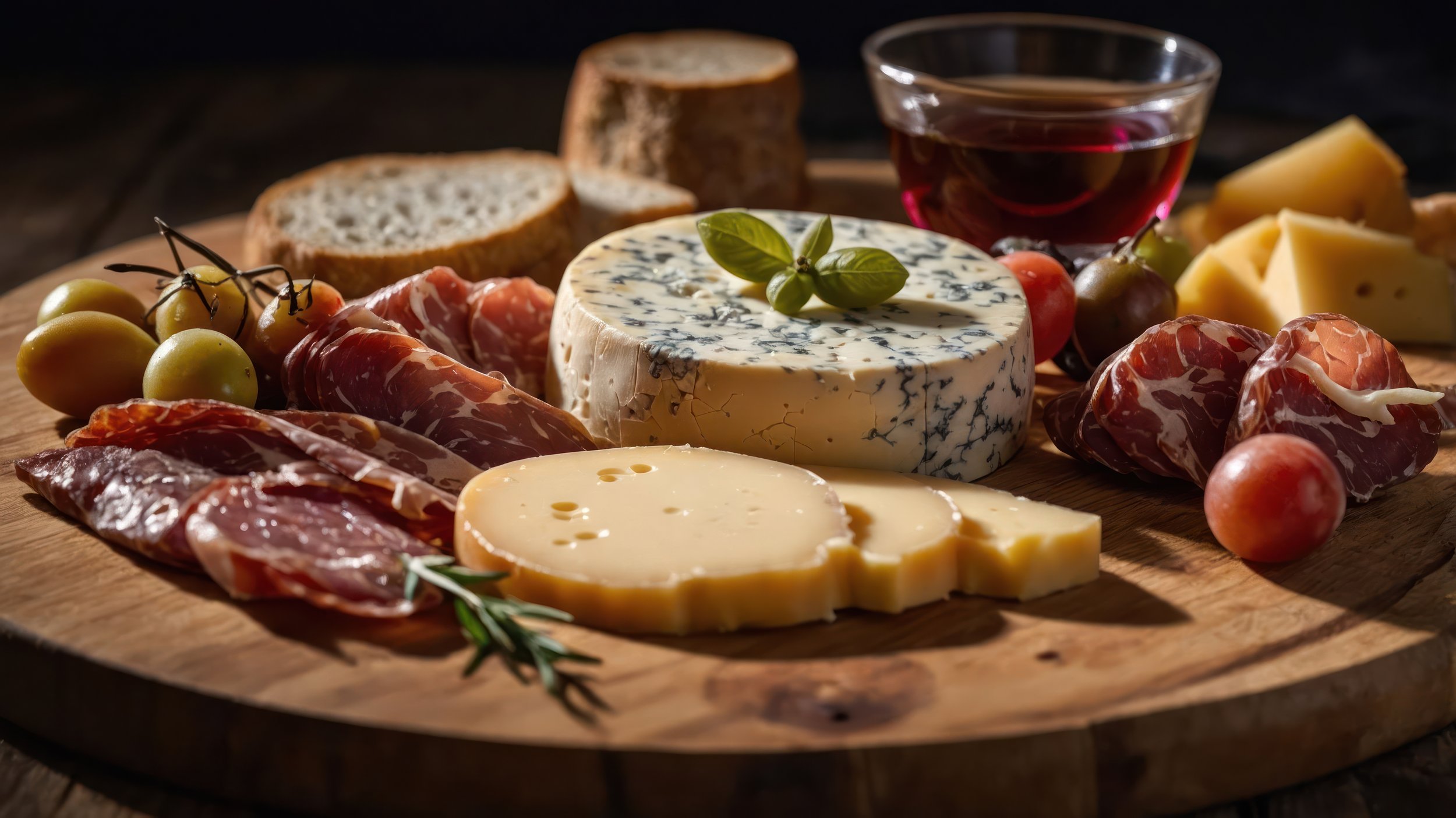A cheese platter with various cheese types, grapes, prosciutto, bread slices, and a glass of red wine on a wooden board.