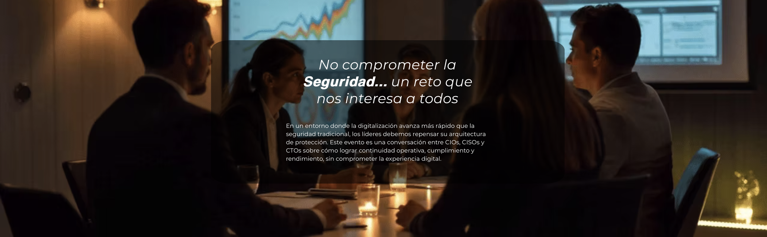 A group of five people in a dimly lit conference room, engaged in a discussion. There are two large screens displaying charts and graphs in the background, and candles on the table.