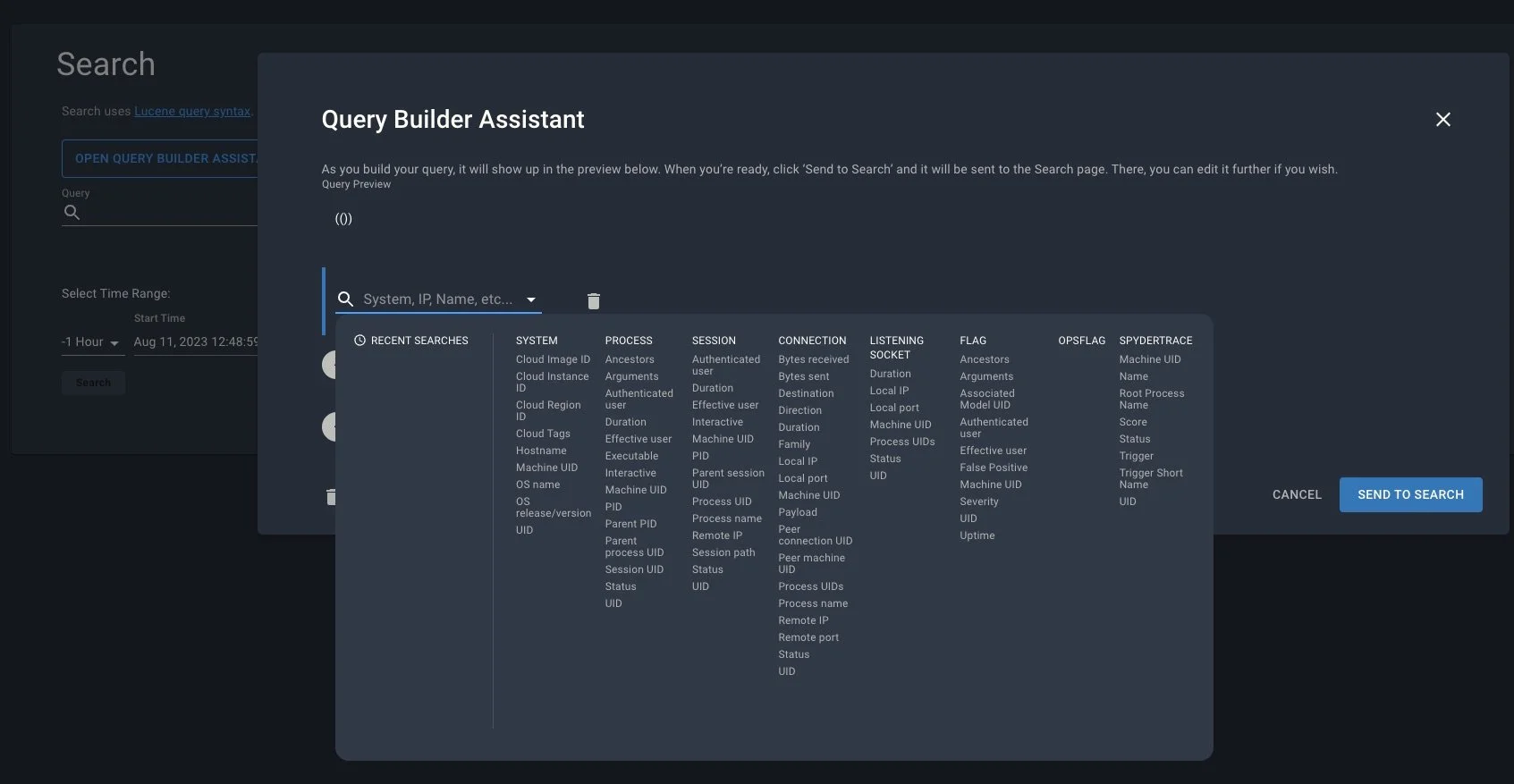 Screenshot of a computer screen showing a Query Builder Assistant interface with search options and a list of technical terms related to cloud and process management.