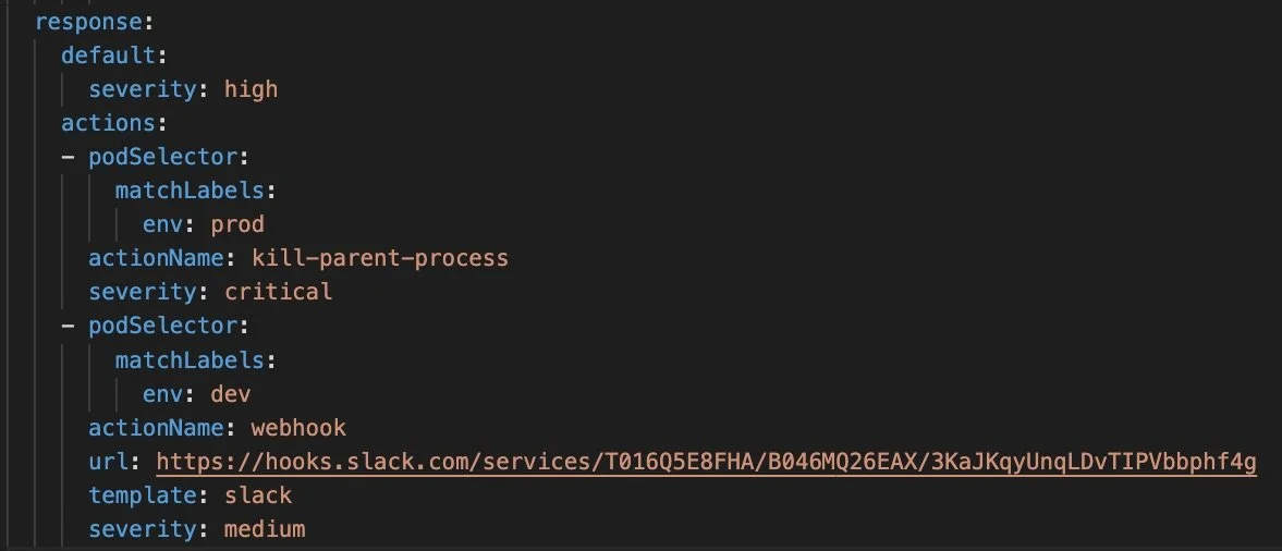 A screenshot of a YAML configuration or log file showing two alerts with different severity levels and actions, one for a 'kill-parent-process' with high severity and one for 'webhook' with medium severity.