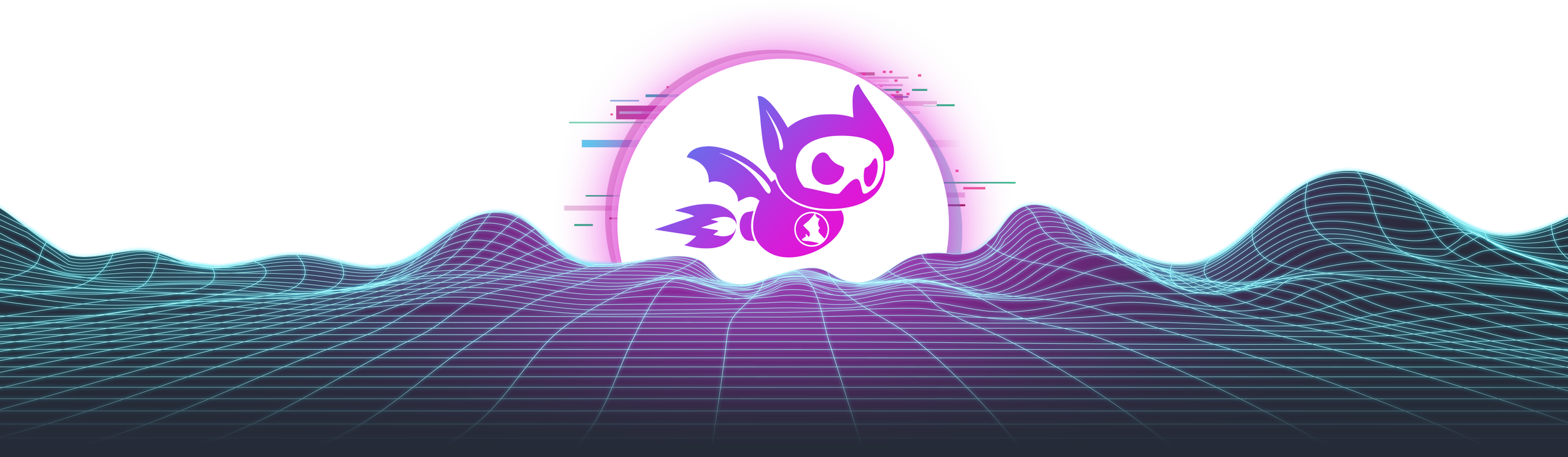A digital, neon-style landscape with a grid of blue lines forming waves, set against a black sky with a large purple circle. Inside the circle is a cartoonish bat character with a superhero mask, cape, and a round emblem on its chest, all in a purple hue.