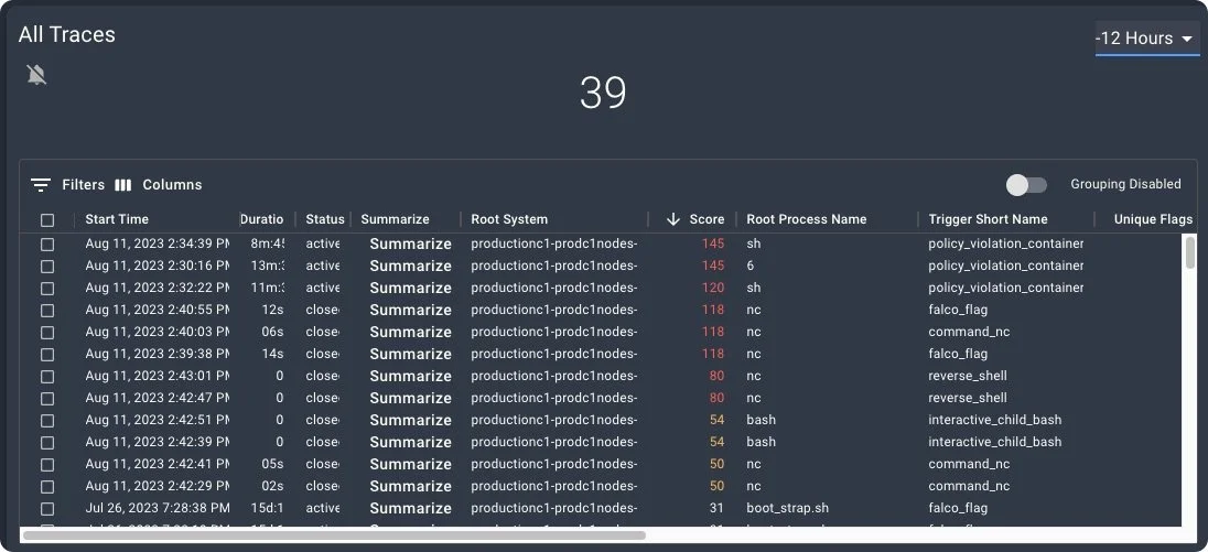 Computer screen displaying log traces with details such as start time, duration, status, summary, score, root process name, trigger short name, and flags, with a total of 39 traces.