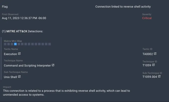 Screenshot showing a cybersecurity alert with details about a detected reverse shell activity linked to a process, indicating a critical security threat.