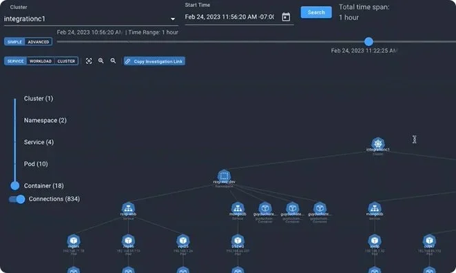 A network visualization graph showing connections between different clusters, namespaces, services, pods, and containers in a computer system or application environment, with a search interface at the top and timeline controls.