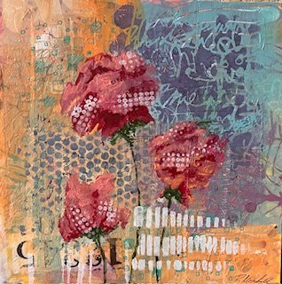 Abstract mixed media artwork featuring three pink flowers with green stems, layered text, and colorful textured background.