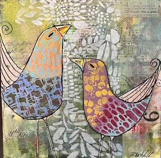 Stylized artwork of two colorful birds with patterned bodies and long, curled tail feathers, set against a textured, abstract background.