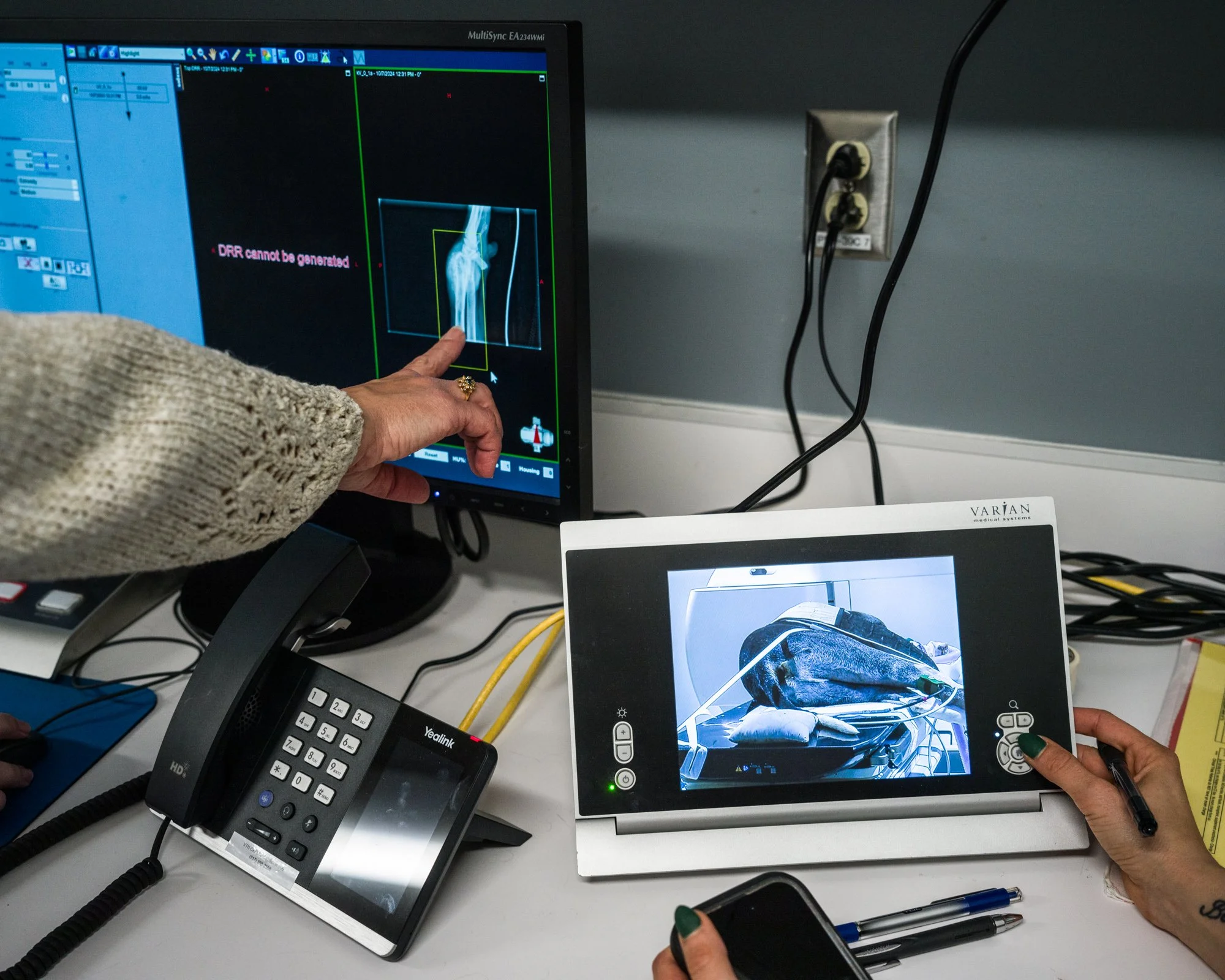 Evaluating a leg tumor in a Great Dane to determine proper positioning for radiation delivery. The smaller screen monitors how he is during anesthesia.