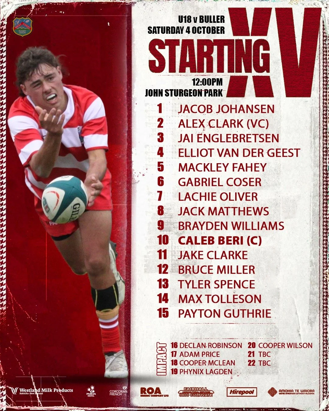 Our U18 Squad is in action today, as they bring their 2025 season to a close!
Come down and show your support to our future stars!

⚔ Buller
🏟 John Sturgeon Park
⏰ Kick off 12:00pm

📸 Adam Gilshnan

#WestCoastRugby