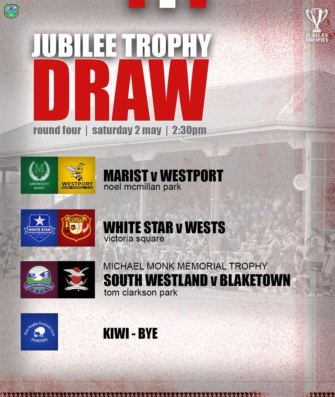 Round 4 of the 2026 Jubilee Trophy this weekend 🤝

Be sure to get down and support your team!

#WestCoastRugby
