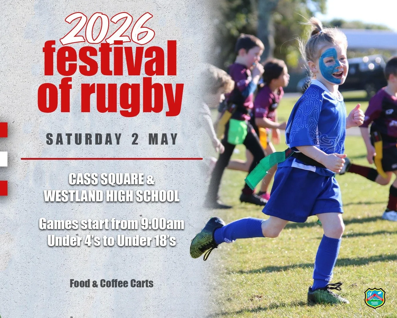 2026 Festival of Rugby is here!

When: Saturday 2nd May
Where: Cass Square &amp; Westland High School
Start: Games start at 9:00am

The draw has been sent to the clubs, get in touch with your JAB Delegate for more info.

Food and Coffee available!

G