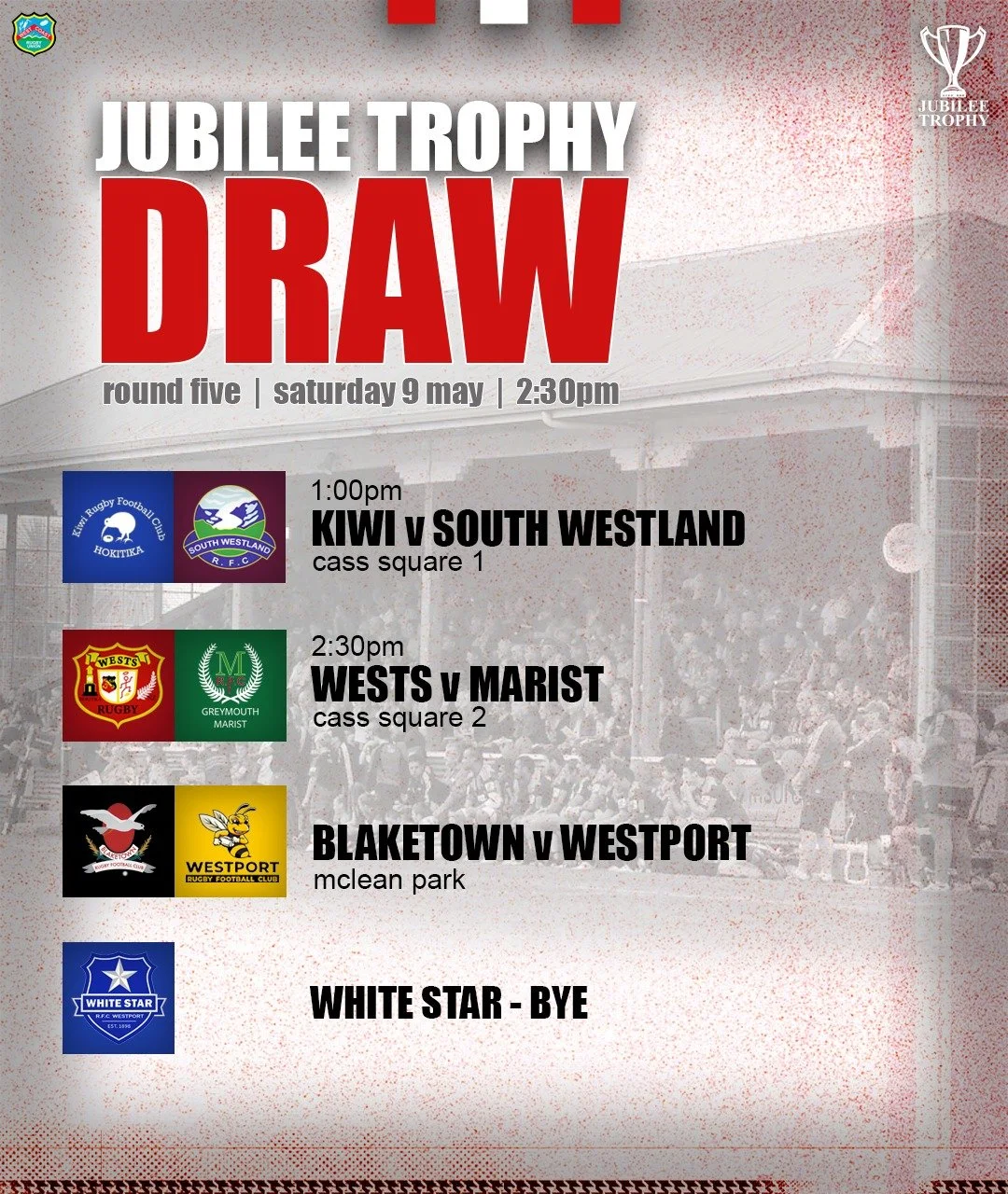 Jubilee Trophy Round 5 this weekend - double header at Cass Square!

#WestCoastRugby