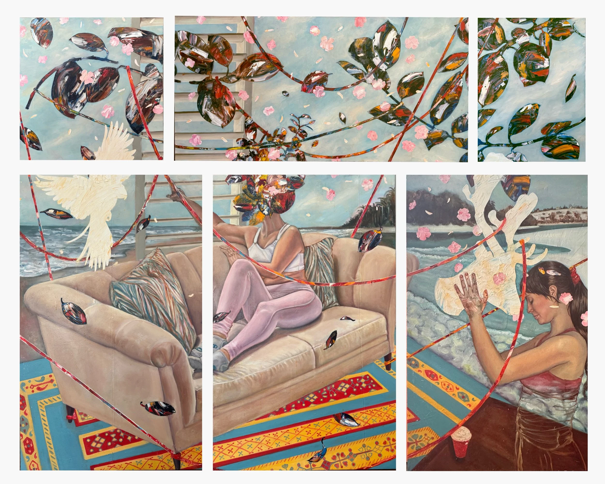 ‘’TSFH/Two Steps From Home.’’ Acrylic and oil on multiple canvases.‘’ 48’’x 30” (x3), 24”x 18”, 24”x 30”, 24”x 24”. 2024.