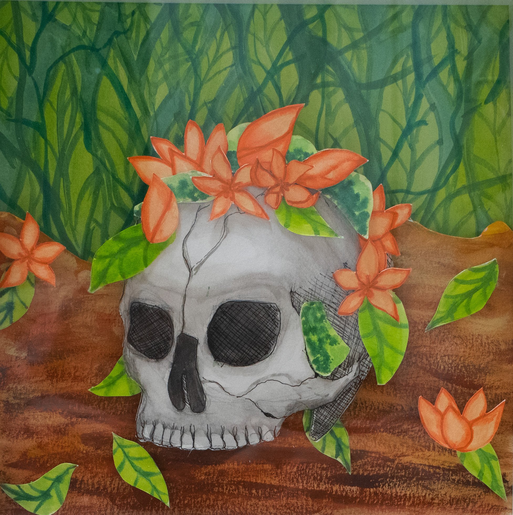 Resting Skull 2023 Watercolor, Gouache. Colored Pencil, India Ink, Foam Board