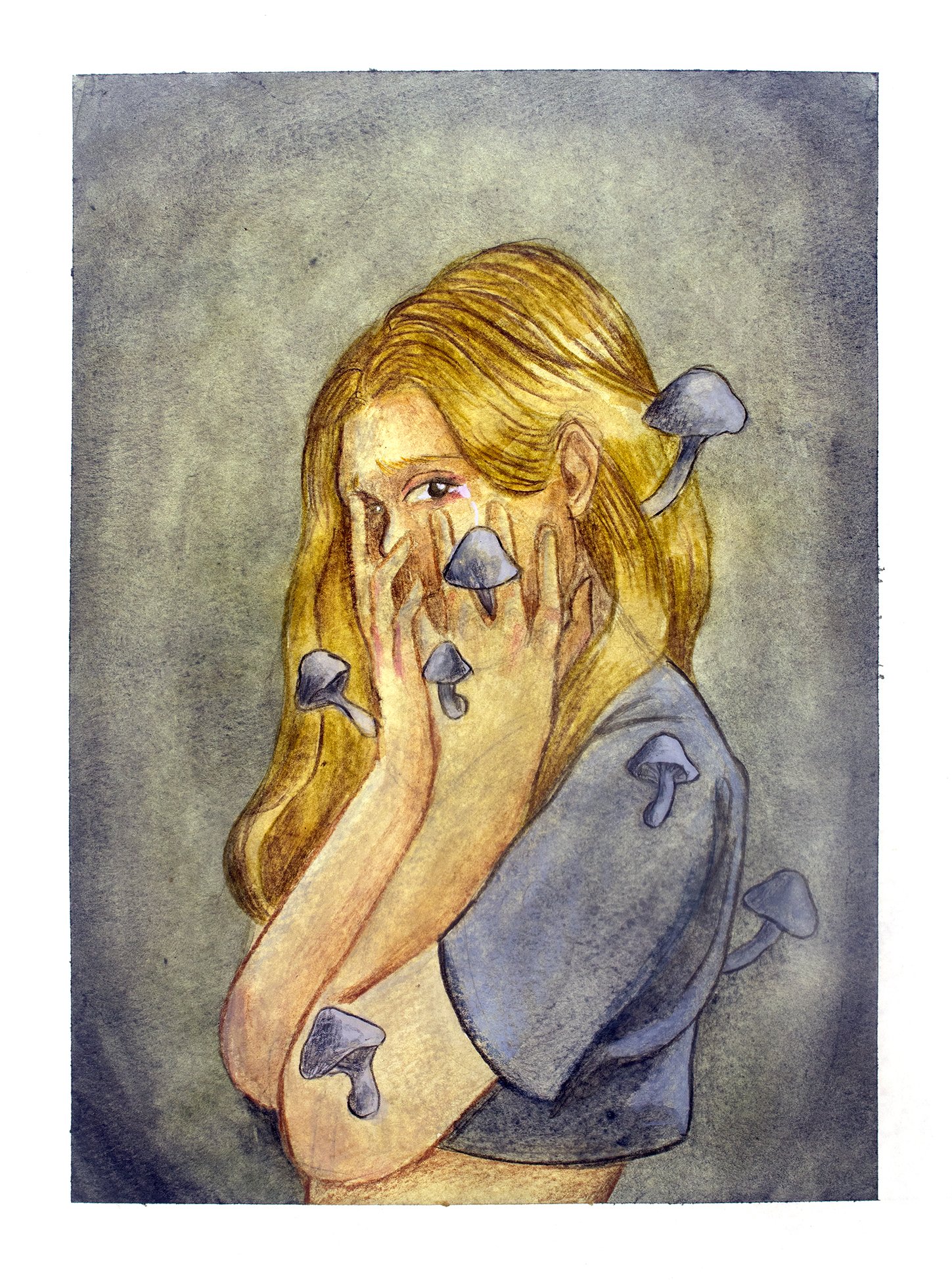 Crepidotus subverrucisporus (Self-Love), 2025, Watercolor and Colored Pencil