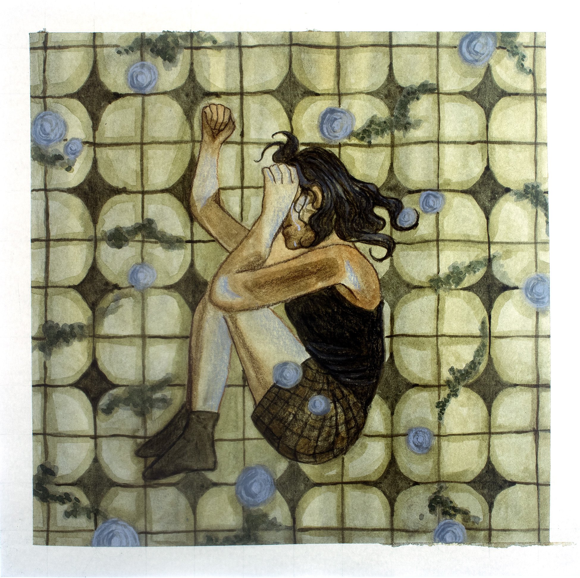 Crepidotus subverrucisporus (Bathroom), 2025, Watercolor and Colored Pencil