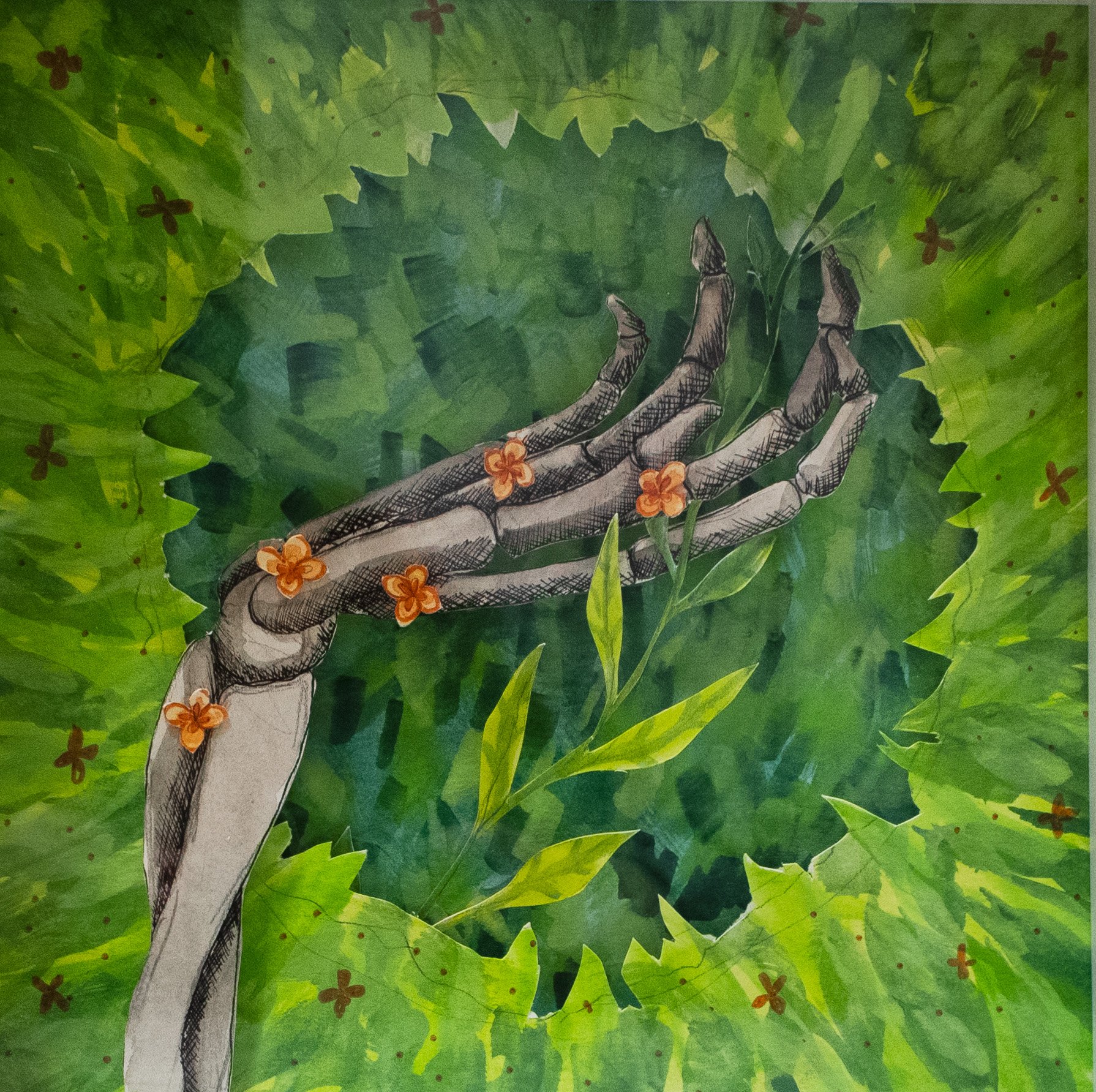 Reaching, 2023, Watercolor, Gouache. Colored Pencil, India Ink, Foam Board