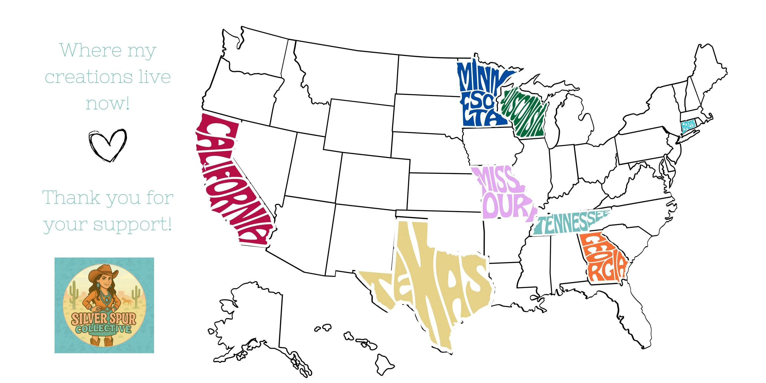 Map of the United States with each state colored and labeled with a different creative name representing where certain creations live, including California, Michigan, Missouri, Tennessee, Georgia, Texas, New York, and Minnesota. Text on the left thanks supporters and indicates the creator's location.