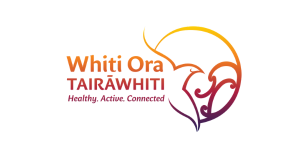 Logo for Whiti Ora Taiwhiti with text and a stylized icon
