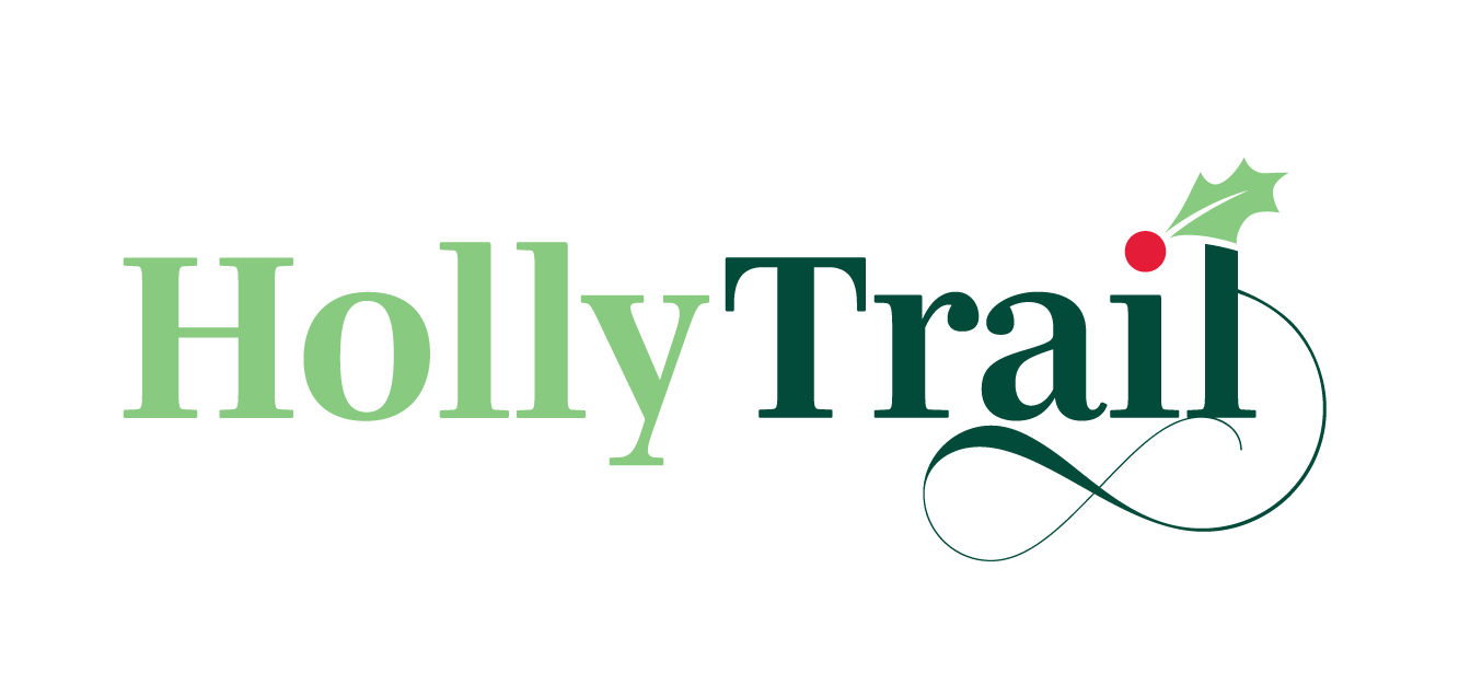 Holiday-themed logo with the words "Holly Trail" in green and black, decorated with a holly leaf and red berry.
